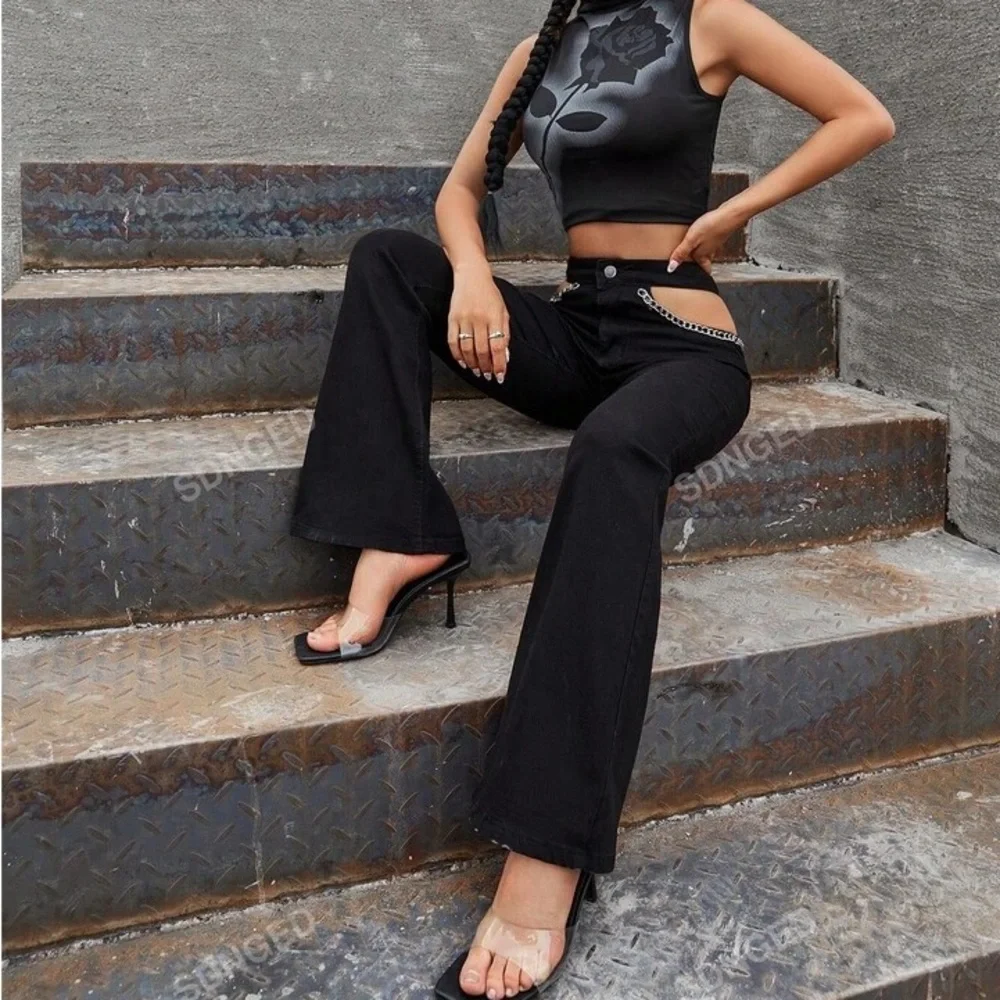 NWT women’s jeans cut out chain flare dark edgy steampunk festival‎ black